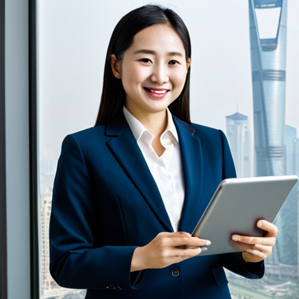 **
A confident businesswoman in a modern, tailored Chinese-style business suit (改良旗袍, qípáo) with subtle traditional patterns, standing in a bright, contemporary office in Shanghai. The office features glass walls, minimalist furniture, and a panoramic city view. She is holding a tablet and smiling slightly. Perfect anatomy, correct proportions, natural pose, well-formed hands, proper finger count, professional photography, high quality, safe for work, appropriate content, fully clothed, professional, modest, family-friendly.
**