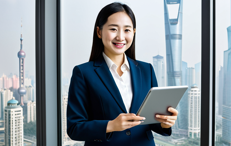 **

A confident businesswoman in a modern, tailored Chinese-style business suit (改良旗袍, q&iacute;p&aacute;o) with subtle traditional patterns, standing in a bright, contemporary office in Shanghai. The office features glass walls, minimalist furniture, and a panoramic city view. She is holding a tablet and smiling slightly. Perfect anatomy, correct proportions, natural pose, well-formed hands, proper finger count, professional photography, high quality, safe for work, appropriate content, fully clothed, professional, modest, family-friendly.

**