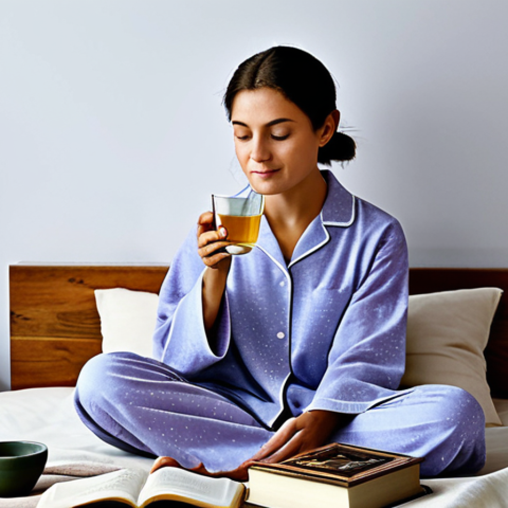 수면장애 개선 방법 - Evening Tea Ritual**
A serene bedroom scene, soft lighting, featuring a woman in comfortable, modes...