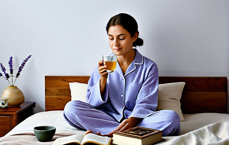 수면장애 개선 방법 - Evening Tea Ritual**

A serene bedroom scene, soft lighting, featuring a woman in comfortable, modes...