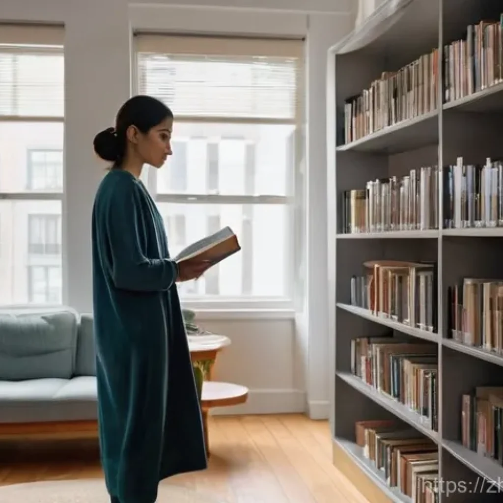 강박증 완화 기술 - **Prompt:** "A young woman in her late twenties stands in a modern, minimalist apartment living room...