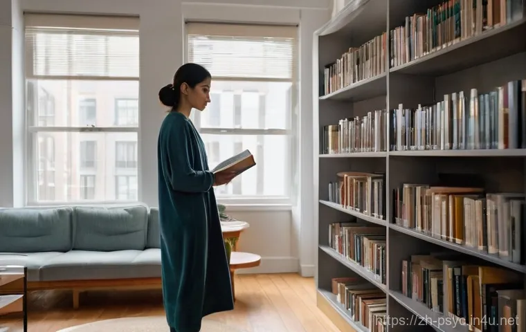 강박증 완화 기술 - **Prompt:** "A young woman in her late twenties stands in a modern, minimalist apartment living room...