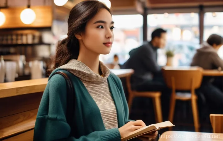 사회불안장애 극복 사례 - **Prompt:** A slightly introverted young adult, dressed in comfortable, modest casual wear, stands a...