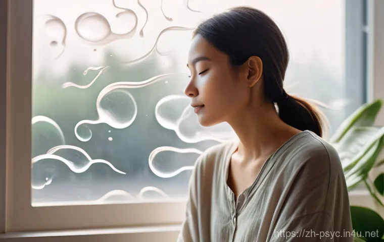 강박증 완화 방법 - **Mindful Observation of Thoughts**
    A serene young woman, appearing to be in her mid-twenties, s...