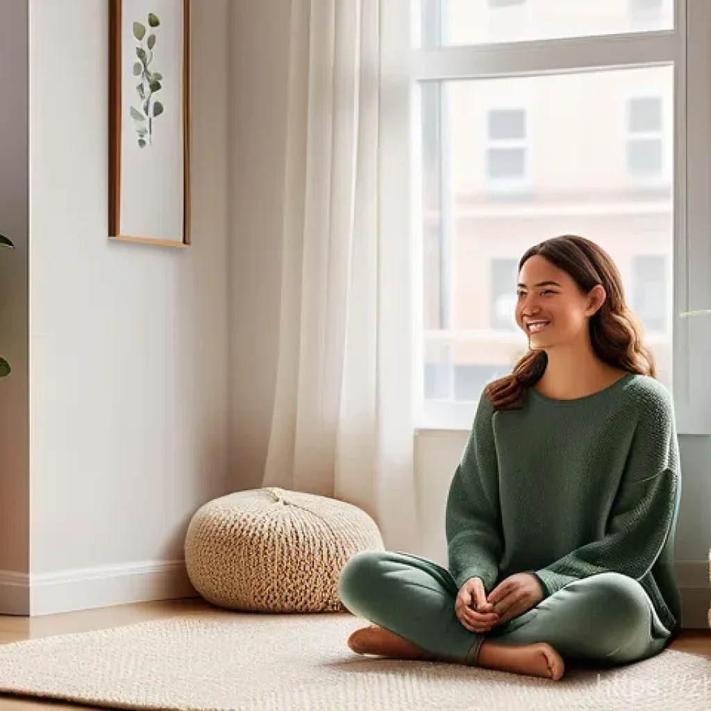스트레스 관리법 - A serene indoor scene depicting a young woman, in her late 20s, with a gentle smile, sitting comfort...