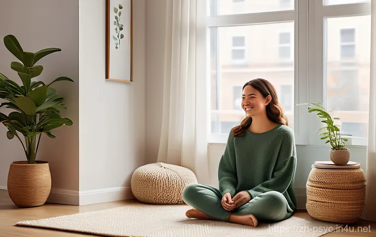 스트레스 관리법 - A serene indoor scene depicting a young woman, in her late 20s, with a gentle smile, sitting comfort...