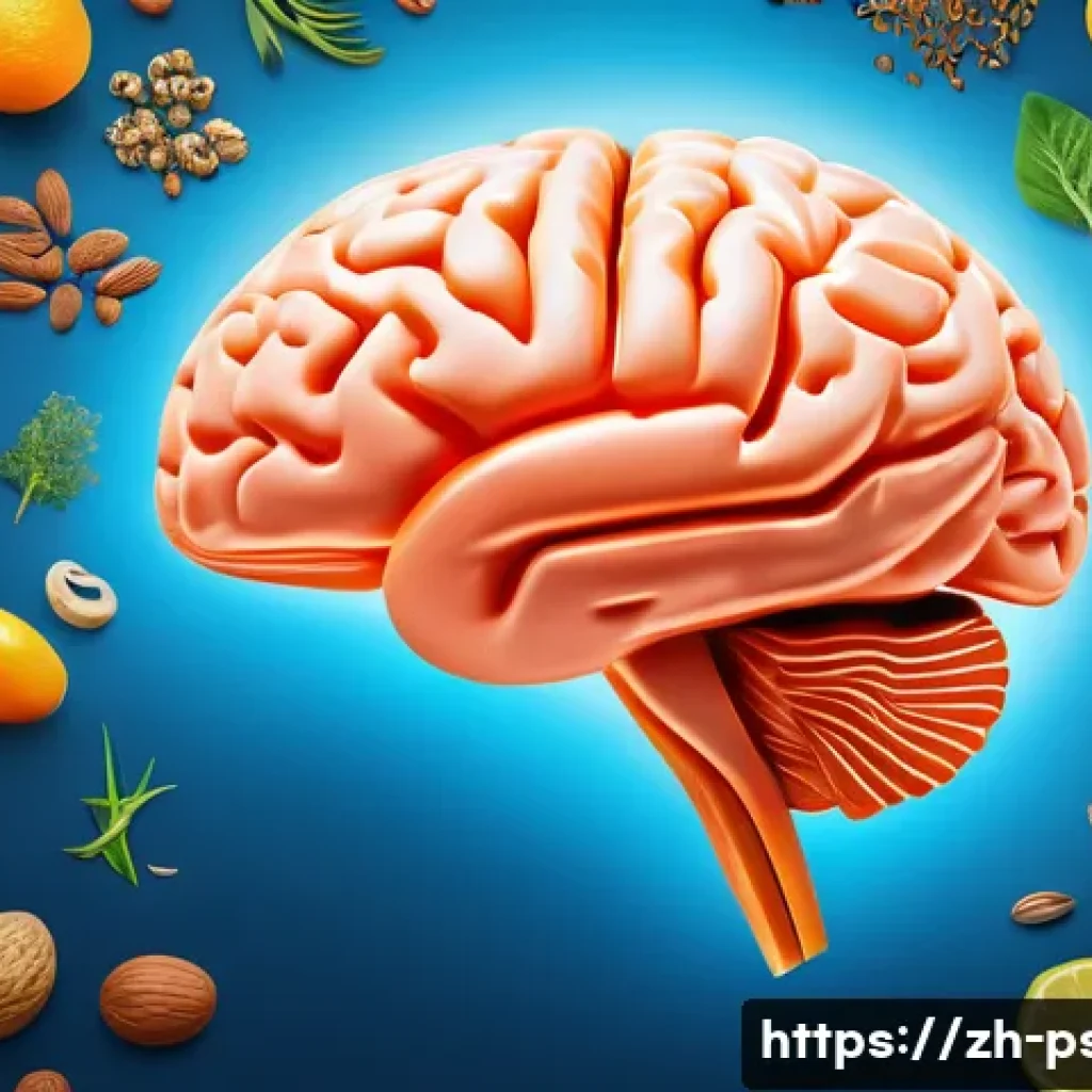 정신건강과 영양의 관계 - A vibrant and detailed illustration of a healthy brain surrounded by foods rich in Omega-3 fatty aci...