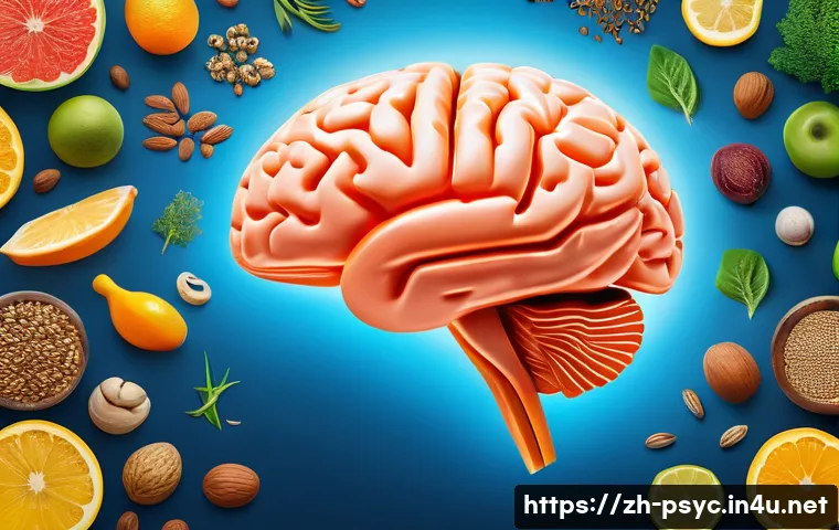 정신건강과 영양의 관계 - A vibrant and detailed illustration of a healthy brain surrounded by foods rich in Omega-3 fatty aci...