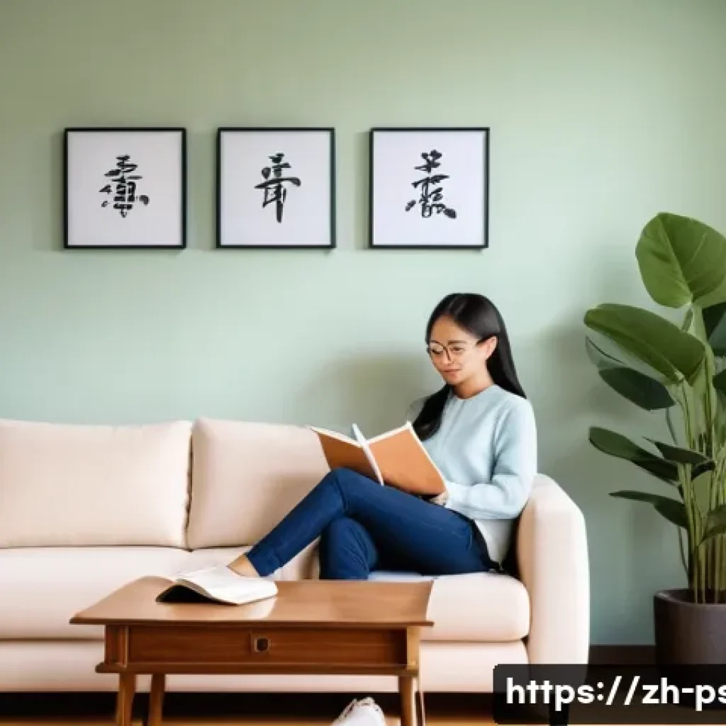 우울증 상담 후기 - A cozy, softly lit therapy room featuring a warm beige sofa with plush cushions, light wooden floori...