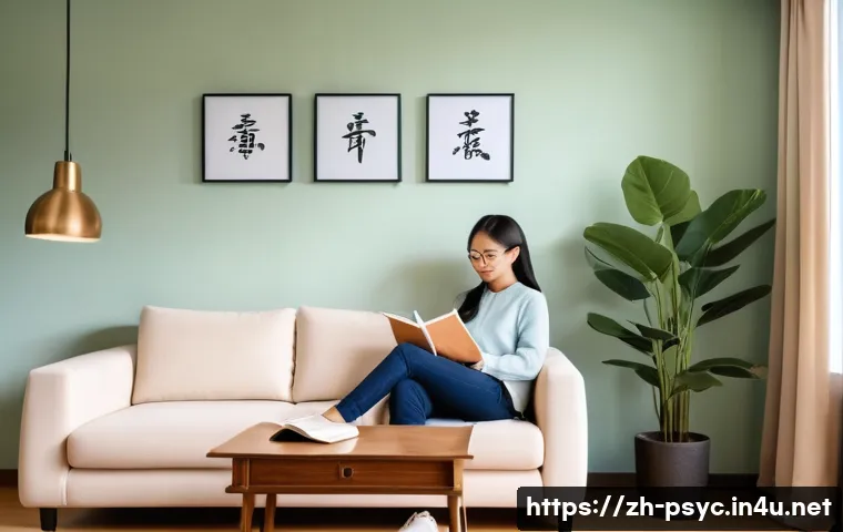 우울증 상담 후기 - A cozy, softly lit therapy room featuring a warm beige sofa with plush cushions, light wooden floori...