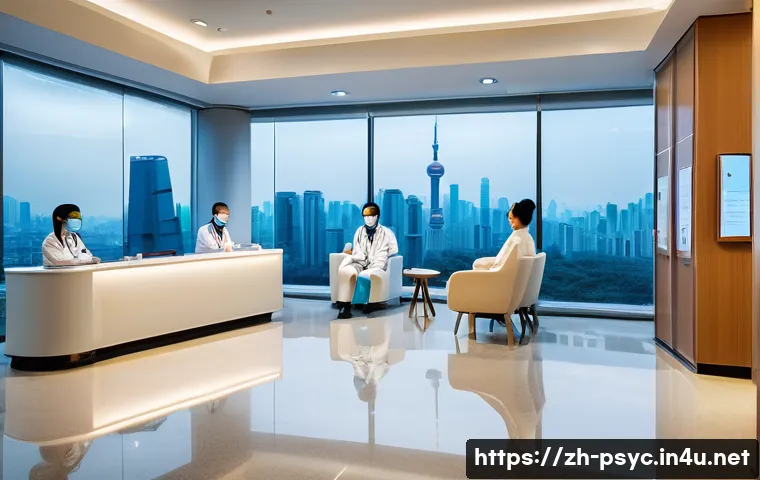 정신과 상담 비용 - A modern psychiatric clinic reception area in a large Chinese city like Beijing or Shanghai, featuri...