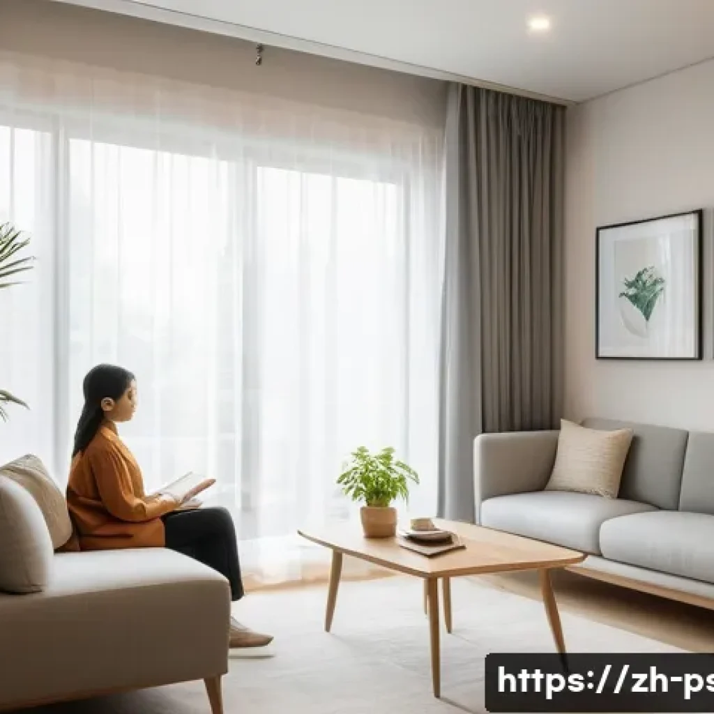 불안장애 치료 후기 - A calm and serene modern therapy room with warm lighting, featuring a gentle and patient female psyc...