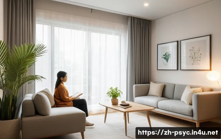 불안장애 치료 후기 - A calm and serene modern therapy room with warm lighting, featuring a gentle and patient female psyc...