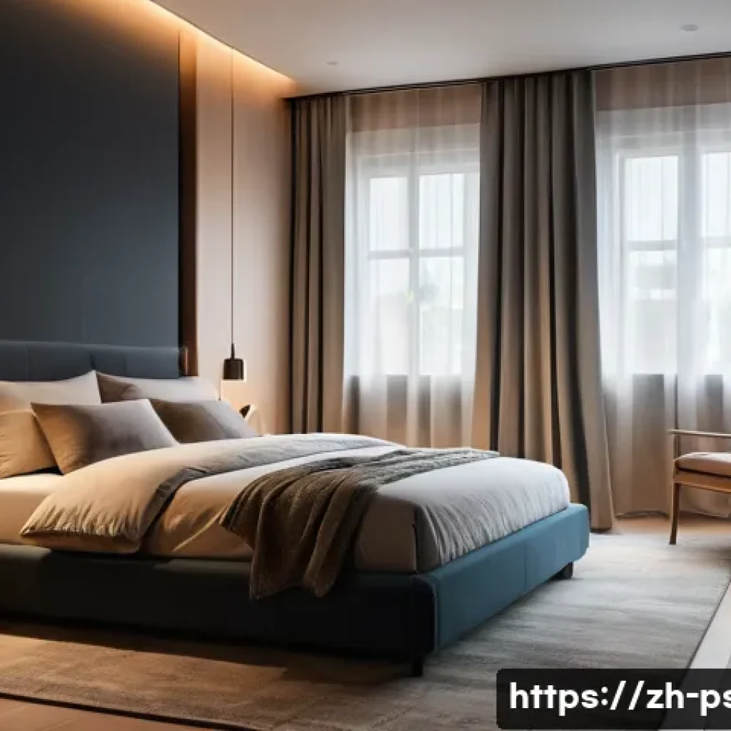 불면증 환자 후기 - A modern, cozy bedroom at night with dim, warm lighting and soft shadows, featuring blackout curtain...