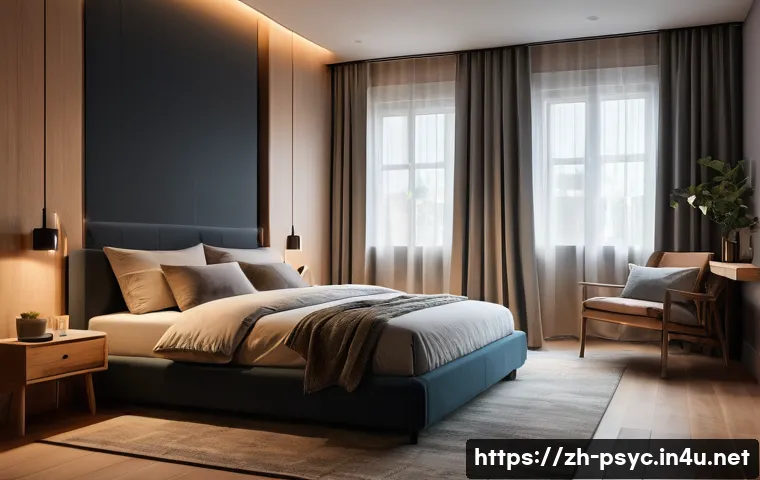 불면증 환자 후기 - A modern, cozy bedroom at night with dim, warm lighting and soft shadows, featuring blackout curtain...