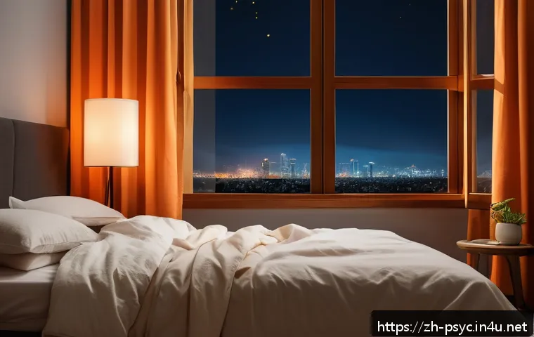 불면증 약물 추천 - A modern bedroom scene at night showing a middle-aged Asian person peacefully sleeping in a cozy bed...