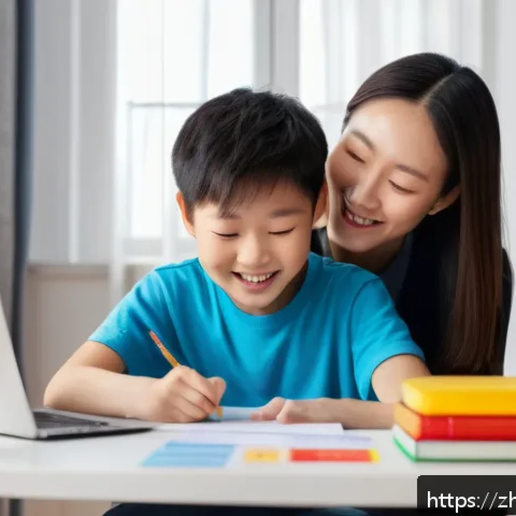 소아 ADHD 치료 성공 사례 - A warm and supportive family scene showing a young Chinese boy with ADHD wearing comfortable casual ...