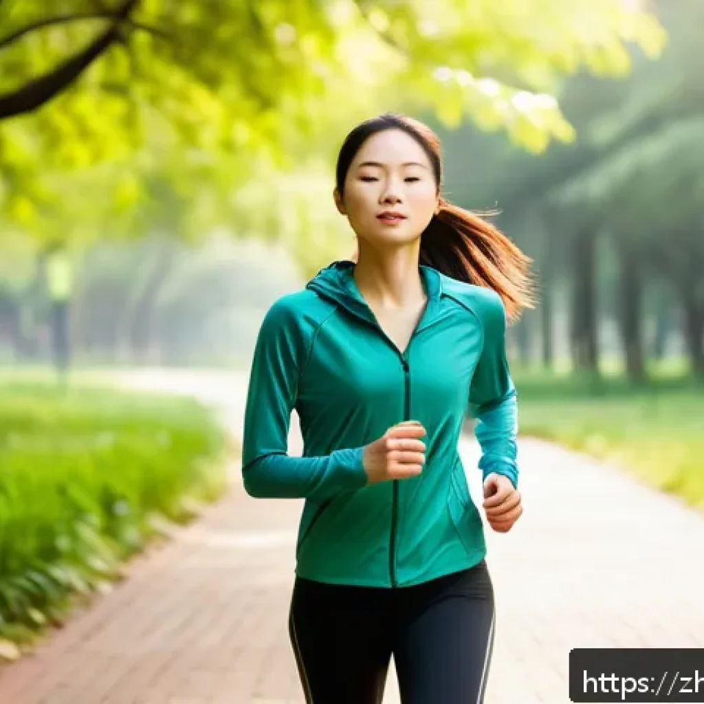 공황장애 관리 운동 - A serene outdoor scene at a lush green park during early morning, featuring a young adult woman wear...