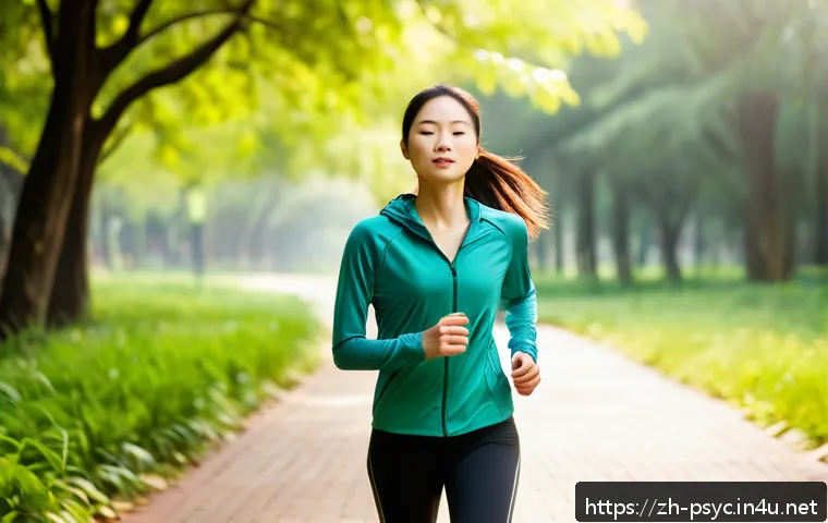 공황장애 관리 운동 - A serene outdoor scene at a lush green park during early morning, featuring a young adult woman wear...