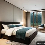수면장애 해결 사례 - A modern bedroom designed for ideal sleep environment, featuring dimmed warm lighting, blackout curt...