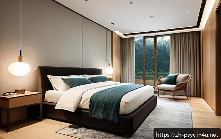 수면장애 해결 사례 - A modern bedroom designed for ideal sleep environment, featuring dimmed warm lighting, blackout curt...