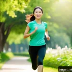 우울증 예방 운동 - A serene outdoor scene showing a young adult woman jogging through a lush green park under bright su...