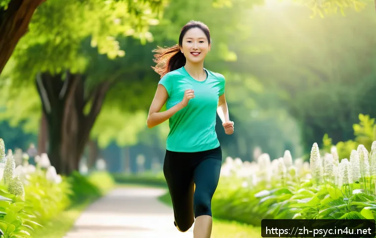 우울증 예방 운동 - A serene outdoor scene showing a young adult woman jogging through a lush green park under bright su...