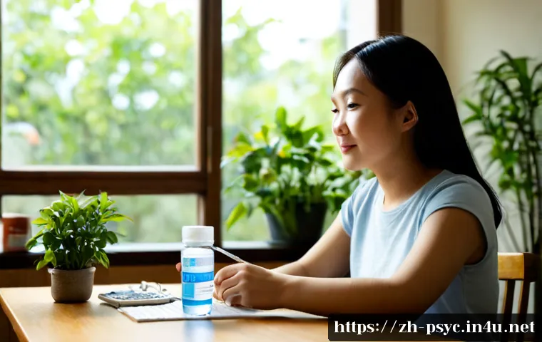 우울증 약 복용 후 변화 - Photorealistic morning lifestyle scene of an East Asian adult seated calmly at a sunlit kitchen tabl...